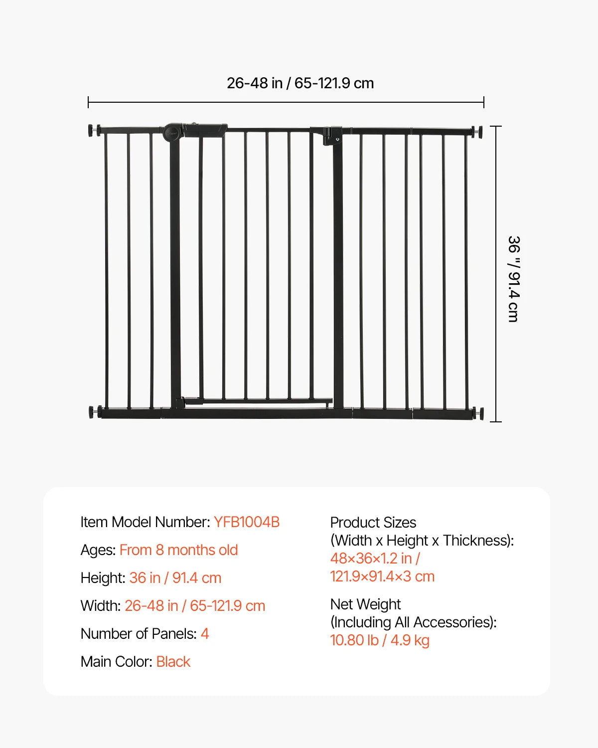 VEVOR Gate 28/30/36 Inches High -Dog Gate Easy Step- Walk Thru Child Pet Security- Pressure Mount Kit- Wall Cups Doorways-Pet Stairs