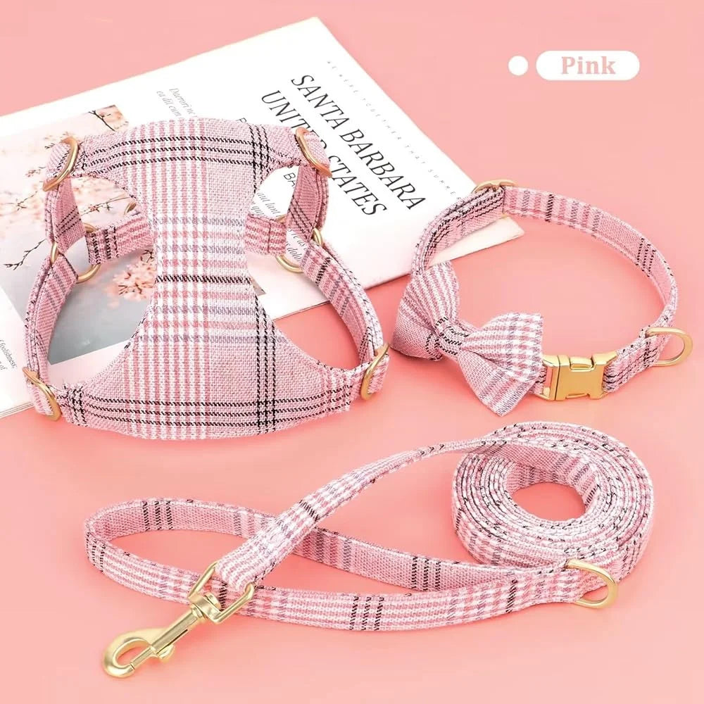 Cute Small Dog Harness Collar Leash Set Adjustable Soft Plaid Design XS Dogs Cats Perfect Walks Parties size XXS