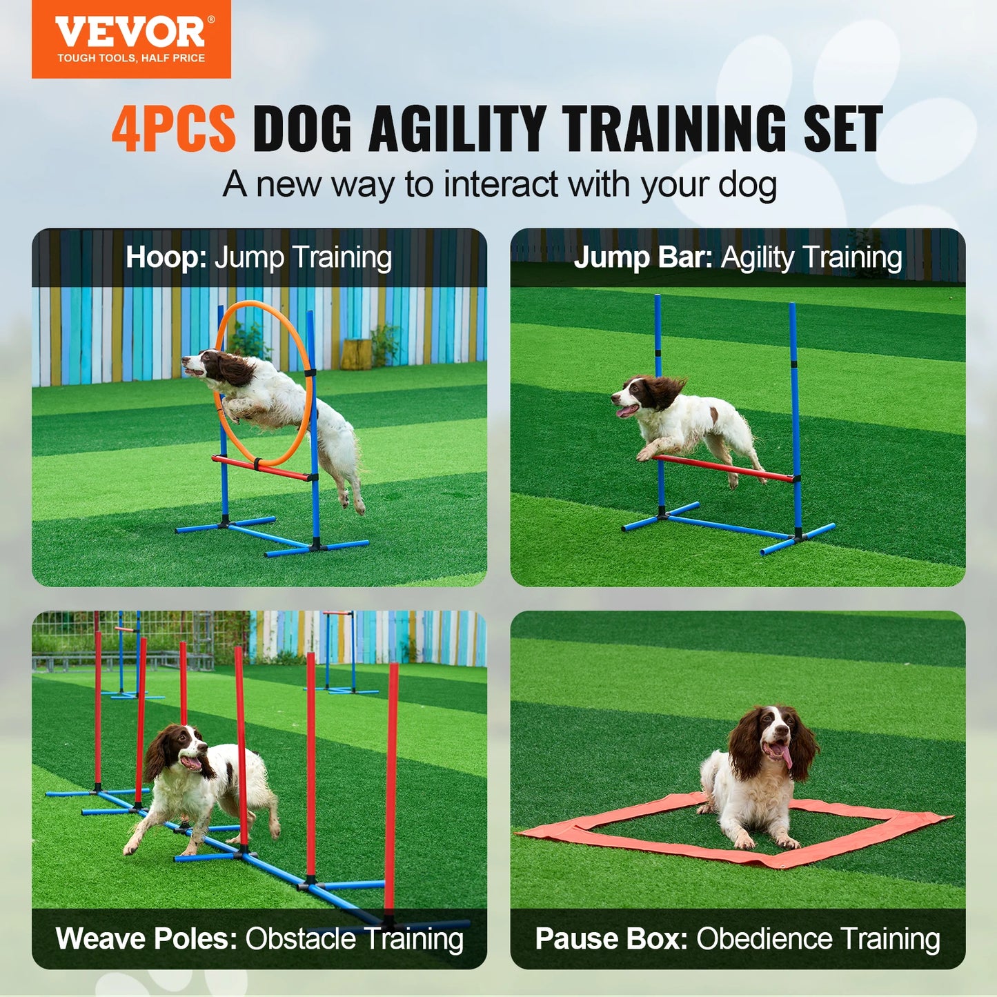 VEVOR Dog Agility Training Equipment 4 PCS Set with Adjustable High Hurdles 6 Weave PolesJump Ring Square Pause Box Whistle