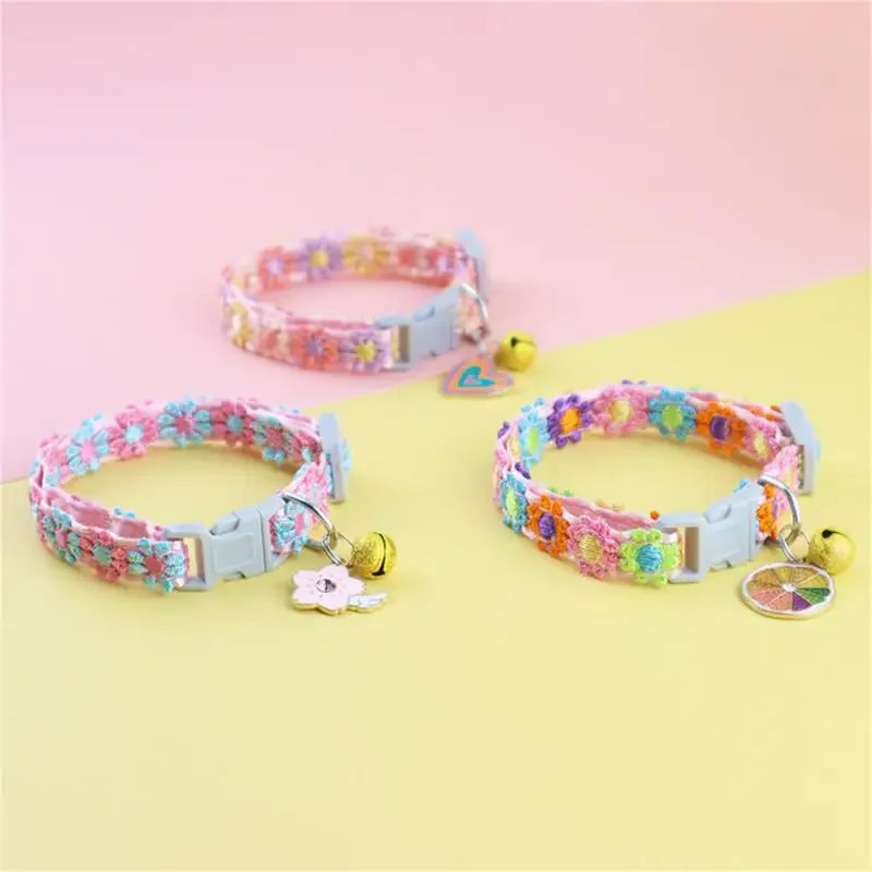 Fashion Rainbow Flower Collar With Bell- Kitten/ Puppy Necklace- Adjustable Buckle- Colorful Lace-Small dogs-Collars/Leashes