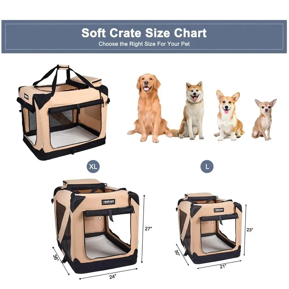 Soft Foldable Portable Dog Crate 36" Beige- Security- Breathable 3 Door Travel Carrier- Indoor & Outdoor Mesh Bed Pad