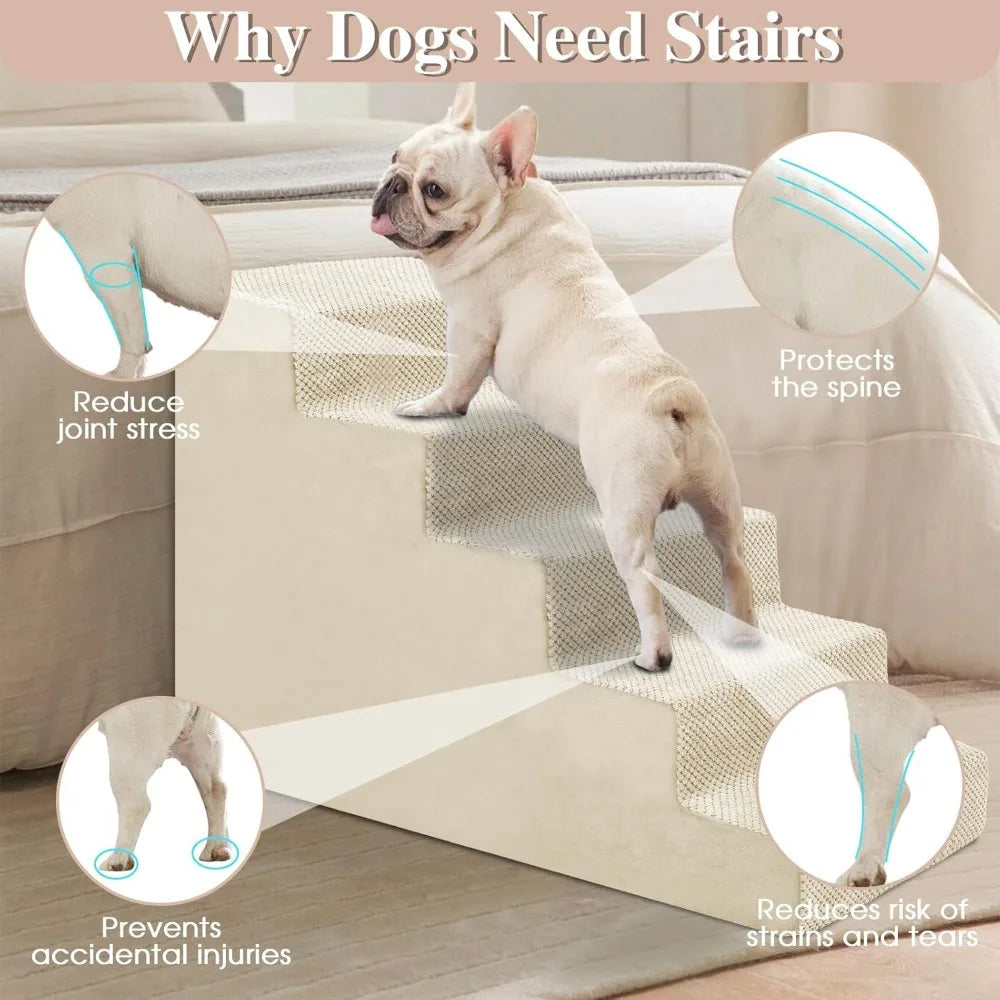 5-Step Dog Stairs for Small Dogs- Pet Stairs for Sofa Couch Dog Ramp with Removable Washable Cover- Beige- 22" H