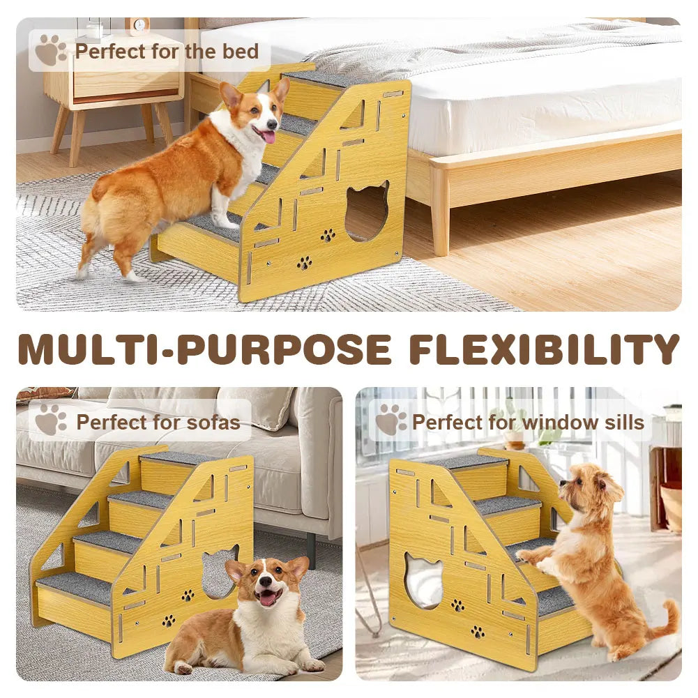 4-Step Wooden Pet Stairs- Nonslip Carpeted Indoor Pet Steps