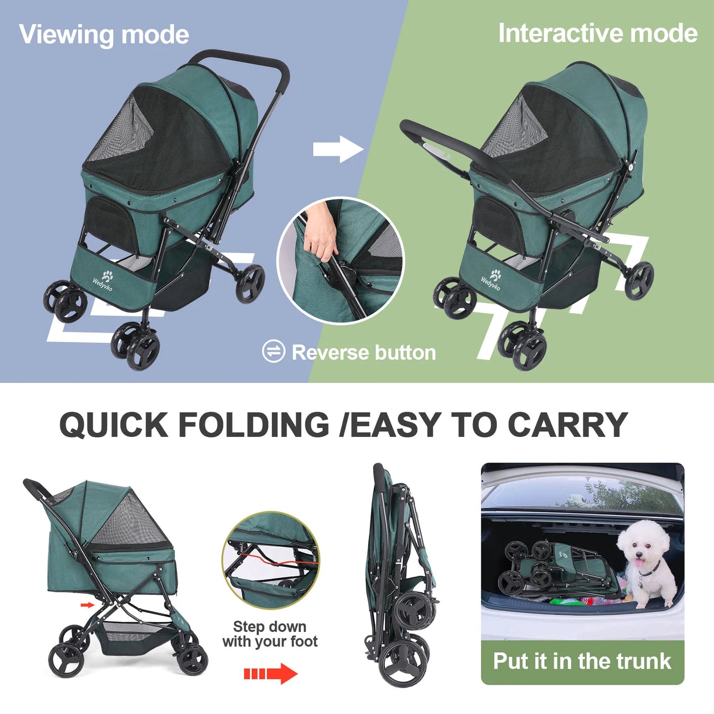 Dog Stroller- Pet Stroller for Medium Size Dogs with Poop Bags- Reversible Handlebar- Tethers- Storage Basket and Pouch-Pet Strollers