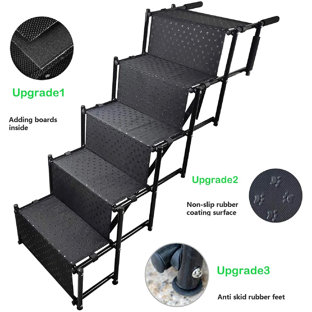 5 Steps Dog Stairs- Support Up To 150 Lbs- Foldable Dog Ramp Ladder with Nonslip Surface- Lightweight- Portable Pet Ladder Ramp