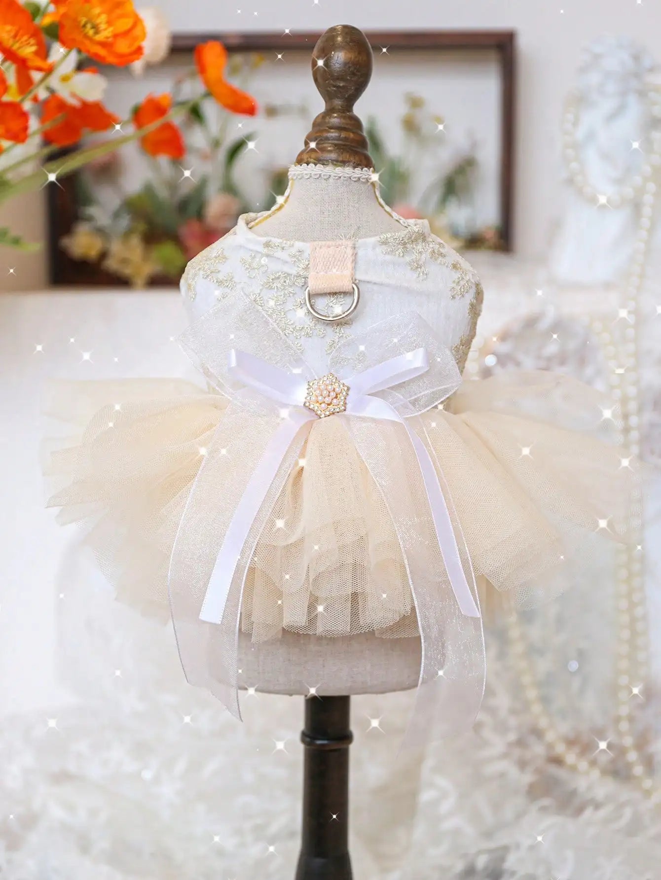 Beautiful 1Pc Luxury Pet Princess Wedding Dress- Thin Spring Summer Outfit- Gold Floral Embroidery- Pearl Bow Decor- Built-in D-ring For Traction-Sizes XS-XL-Costume/Apparel