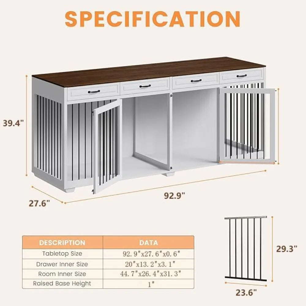 Extra Large Furniture Style Dog Crate- 93" Heavy Duty Wooden Dog Kennel with Drawers & Removable Divider-Indoor Luxury