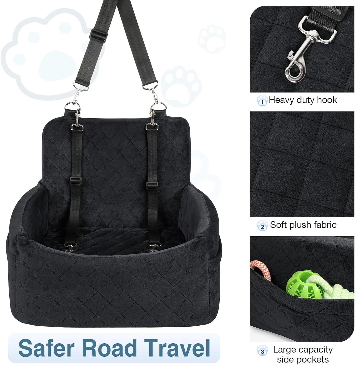 Dog Car Seat for Small Dogs Under 25 lbs- Washable Pet Travel Bed with Memory Foam- Detachable Cover- Storage Pockets