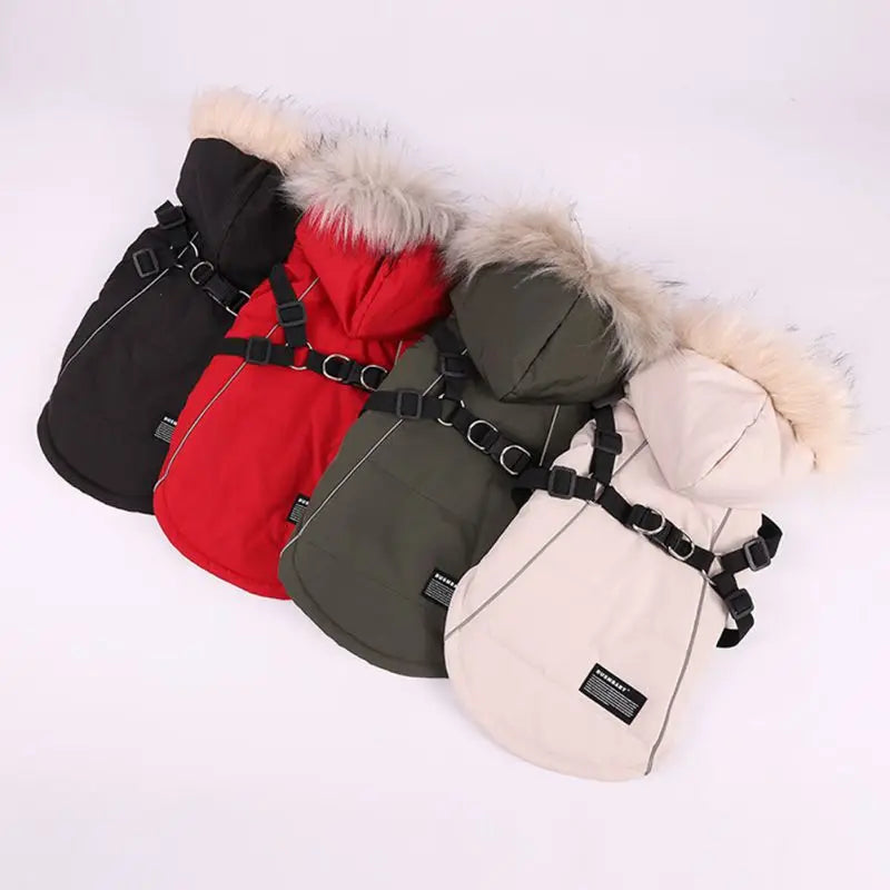 Autumn Winter Warm Pet Dog Jacket With Harness/ Hoodie- Dog Padded Coat with Imitation Fur Hat -For Small Medium Dogs Puppy Coat