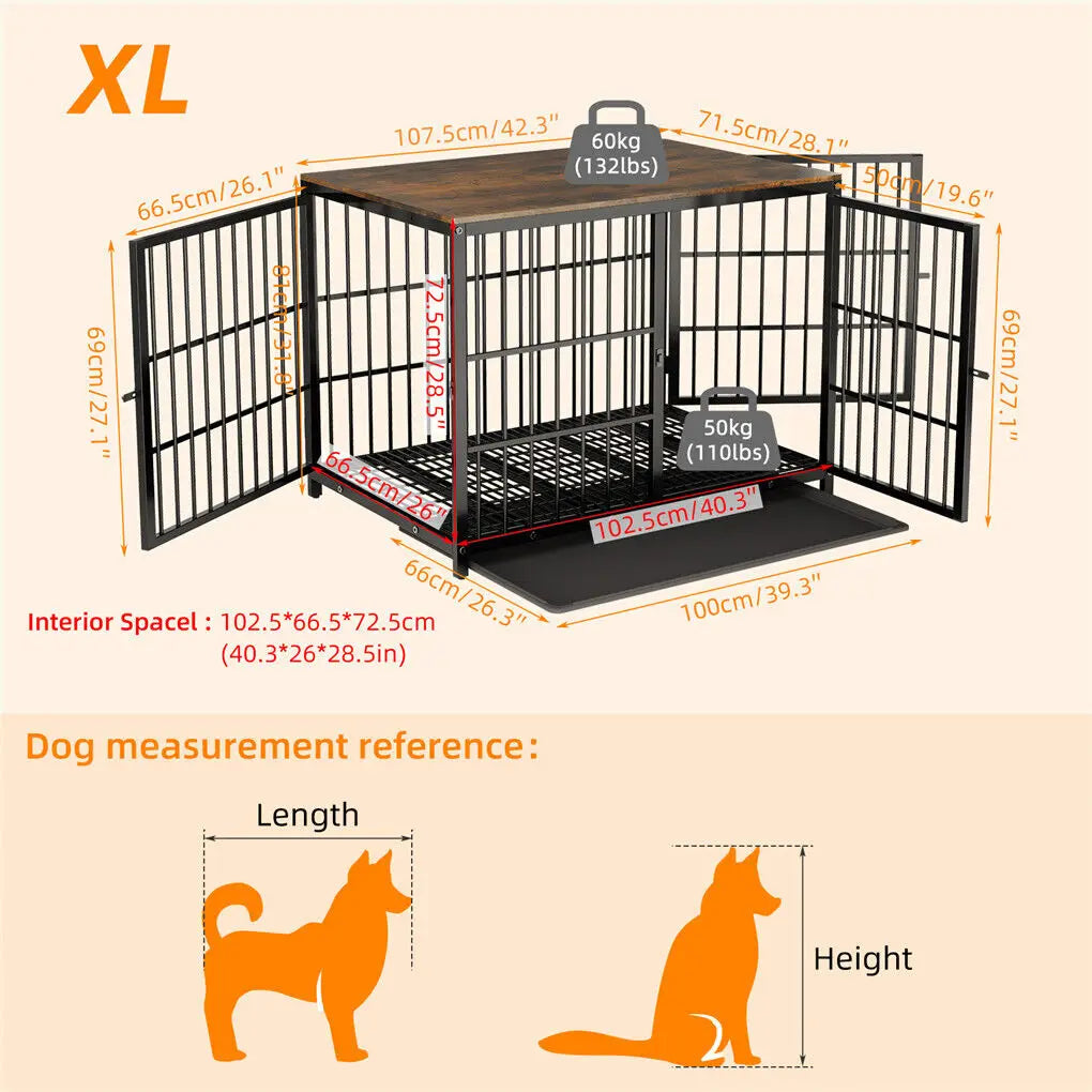 Wooden Dog Crate Furniture w/Metal Frame- Indoor Dog Kennel End Table- Stylish-3 Doors- Removable Tray-Crates