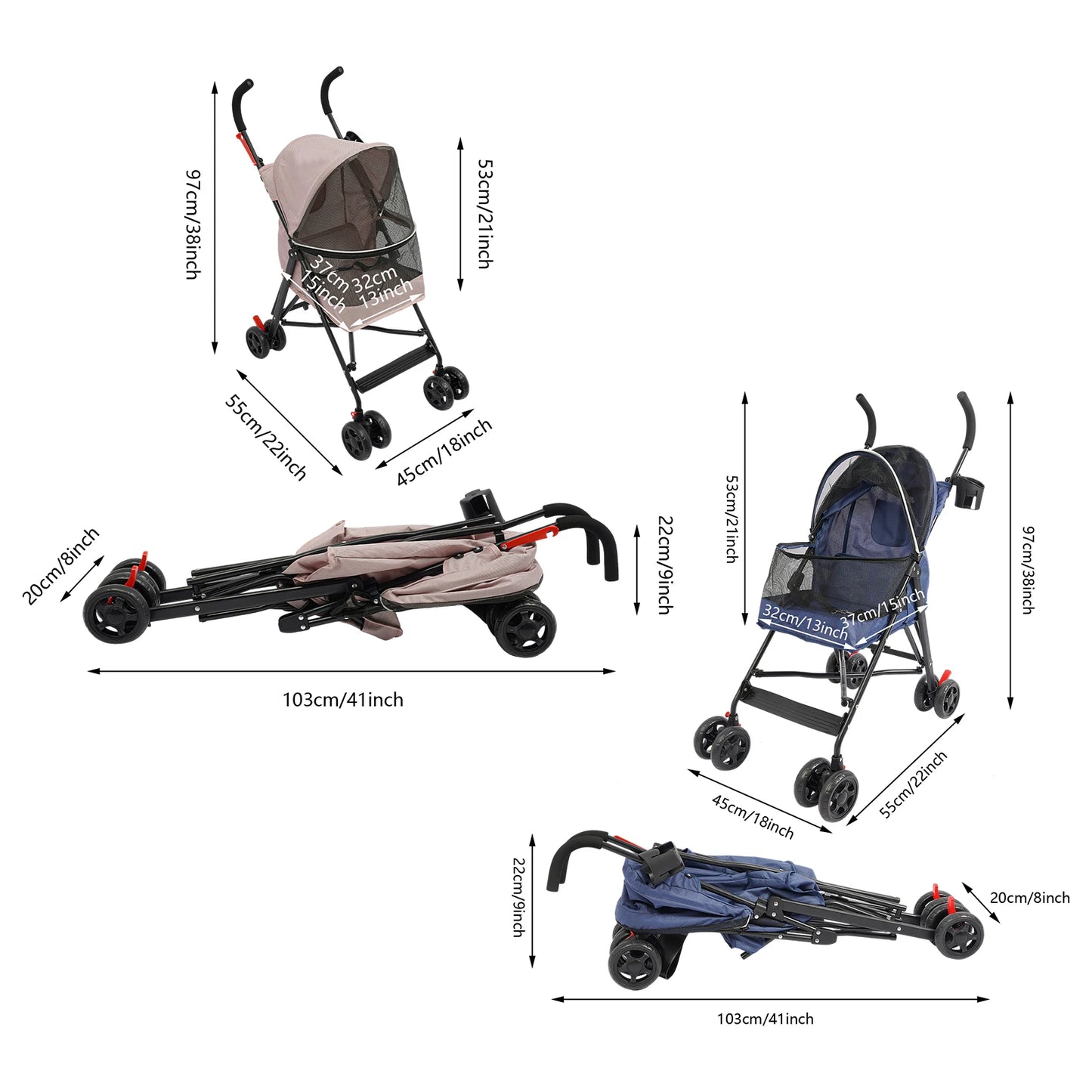 Oxford Cloth Pet Travel Stroller-Foldable- for Small & Medium-sized Pets Within 10kg/22 Pounds-Pet Strollers