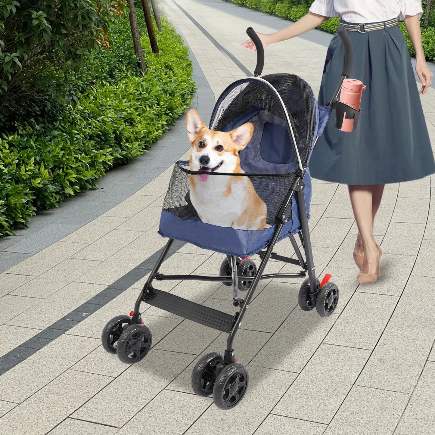 Lightweight Foldable Pet Stroller for Small Medium Dogs- Portable Travel Carrier with Cup Holder- Handle & Rear Storage Pocket