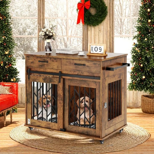 Dog Crate Furniture for 2 Dogs- 39" Wooden Dog Kennel End Table with Wheels and Storage Drawers- Indoor Double Door Dog Crate