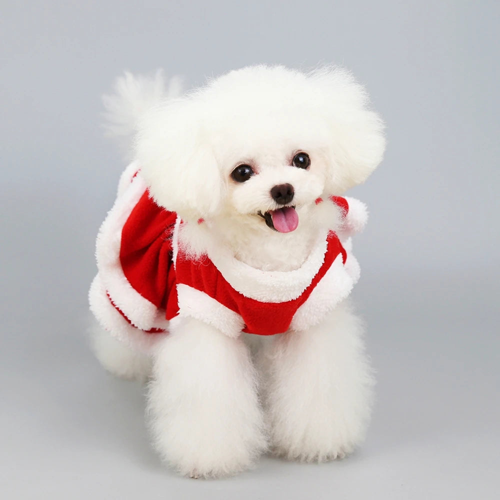 Christmas Girl Dog Costume Dress -Puppy Warm Fleece Skirt- Clothes Autumn Winter Pet Clothes -Dog Red Skirt Fancy Dress Costume