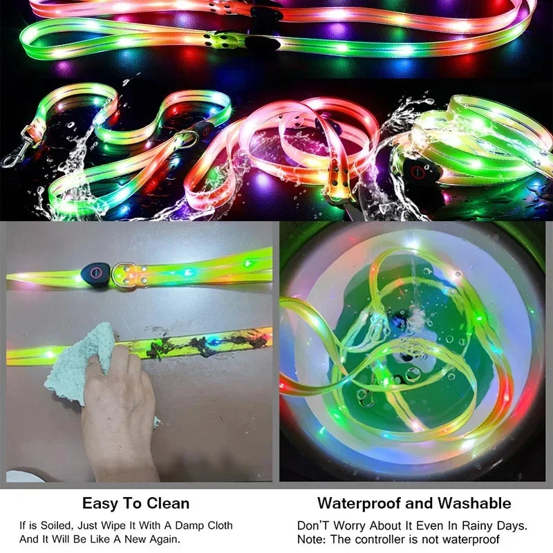 LED Light-Up Dog Leash- Walking- Safety- Glow in The Dark- USB Rechargeable- Adjustable- for Large Medium Small Pet Lighted Dog Collar