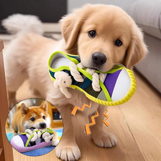 Dog Squeak Toy- Teeth Grinding- Bite Resistant Slippers Shape- Puppy Chew Toy With Cotton Rope-Dog Toys