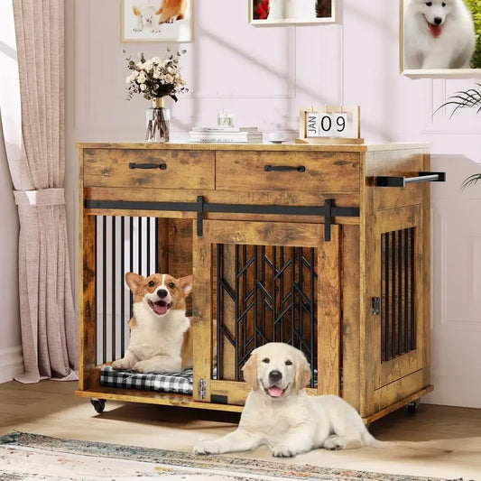 39" Wooden Dog Crate- End Table with Drawers & Wheels- Small to Medium Dogs- Furniture Style Kennel with 2 Rooms Portable & Durable