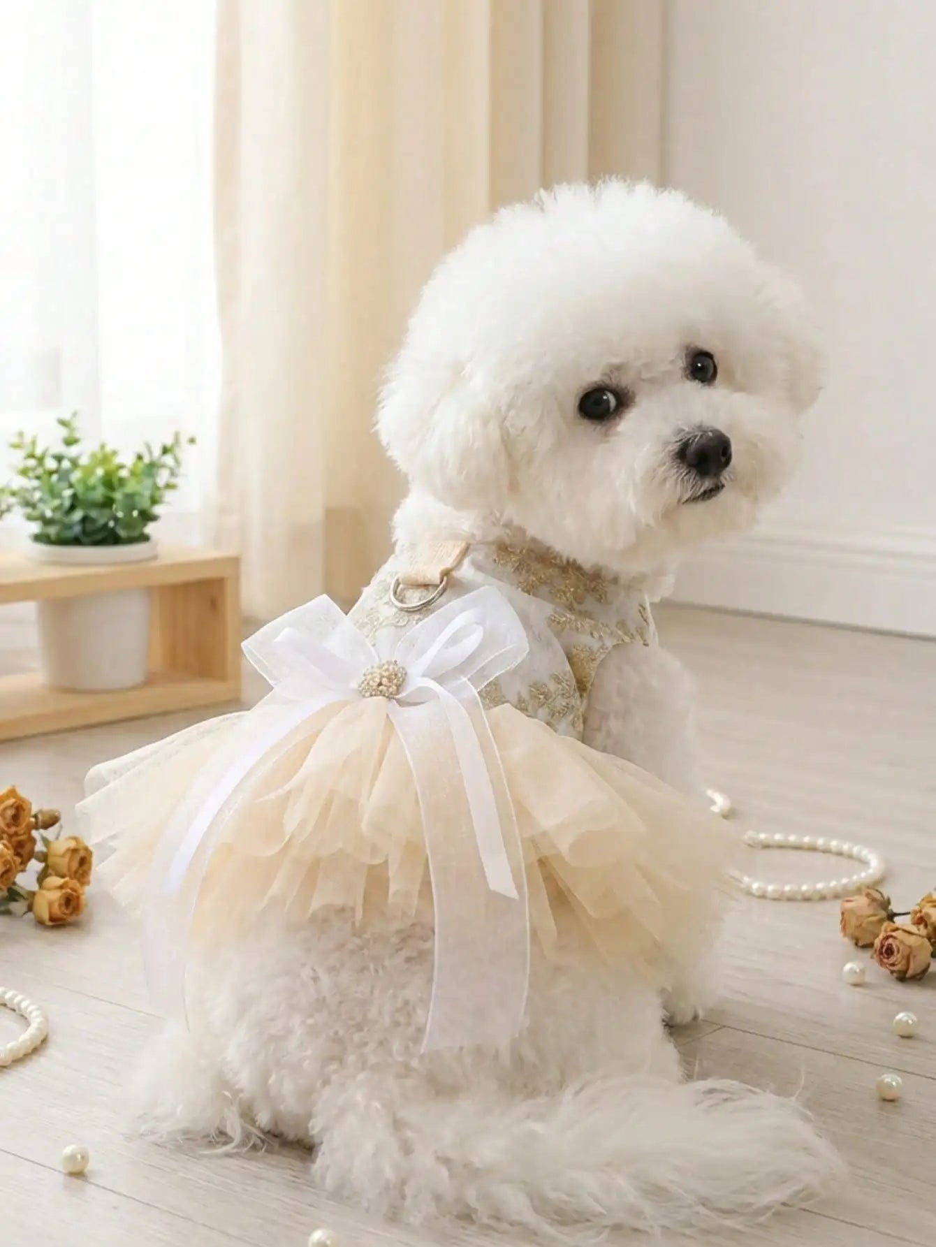Beautiful 1Pc Luxury Pet Princess Wedding Dress- Thin Spring Summer Outfit- Gold Floral Embroidery- Pearl Bow Decor- Built-in D-ring For Traction-Sizes XS-XL-Costume/Apparel