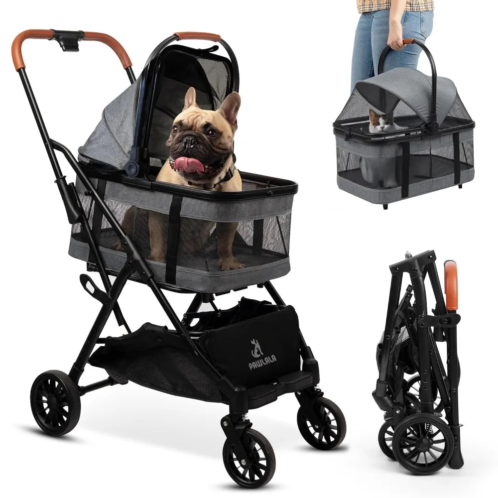 Pet Stroller/Car Seat with Detachable Carrier - Compact Design for Small Dogs (under 30 lbs) - All-Terrain Wheels - Easy Fold