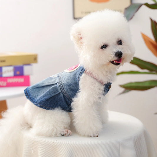 Denim Dress -Floral Print Dog Dress- Adorable Bowknot -Pet Clothes for Pomeranian- Shih- Tzu- Maltese- French Bulldog, etc.