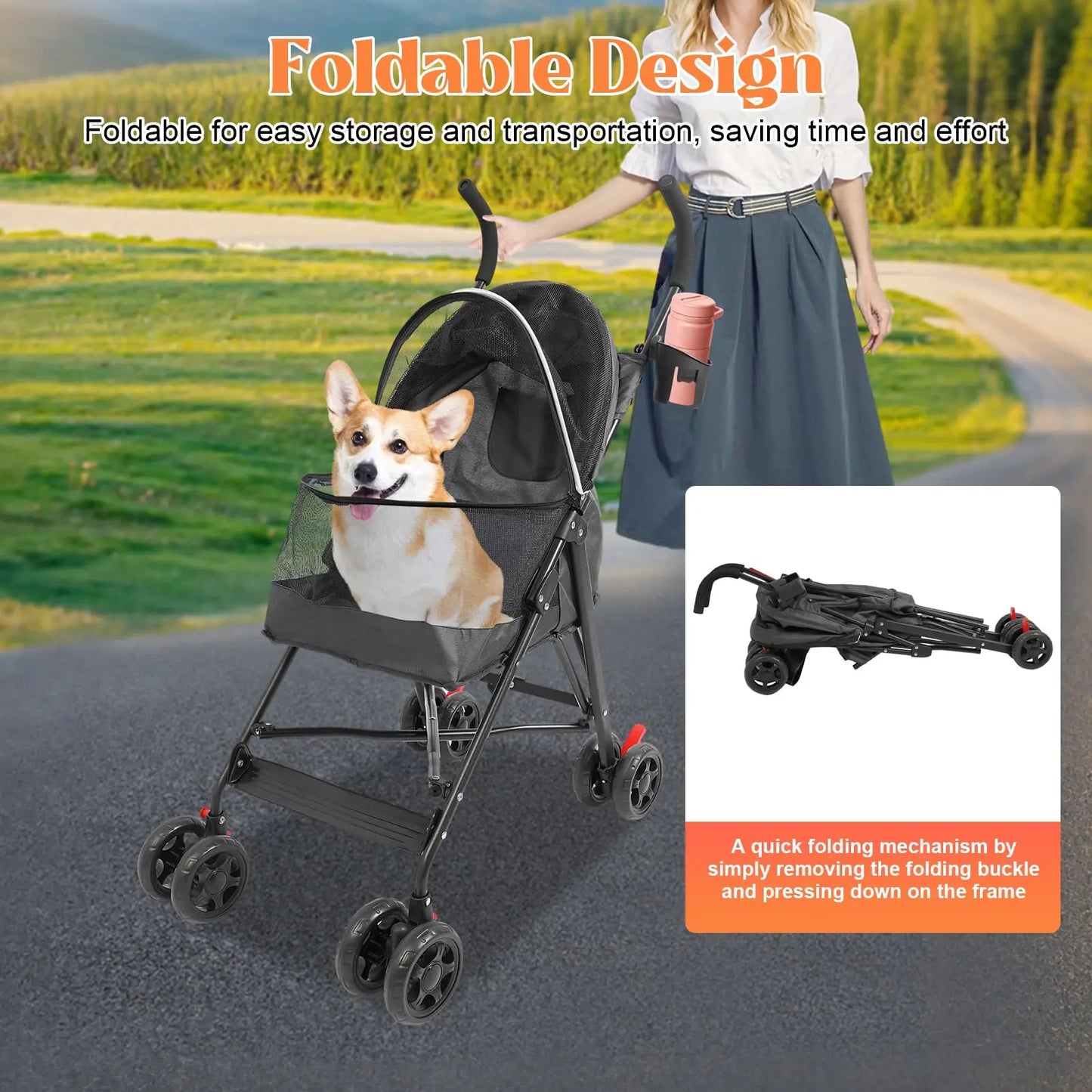 Pet Travel Stroller 22 x18 x 38 inch- Pet Stroller Made of Oxford Cloth- Spray Molding Foldable- Small Dog -Pet Strollers