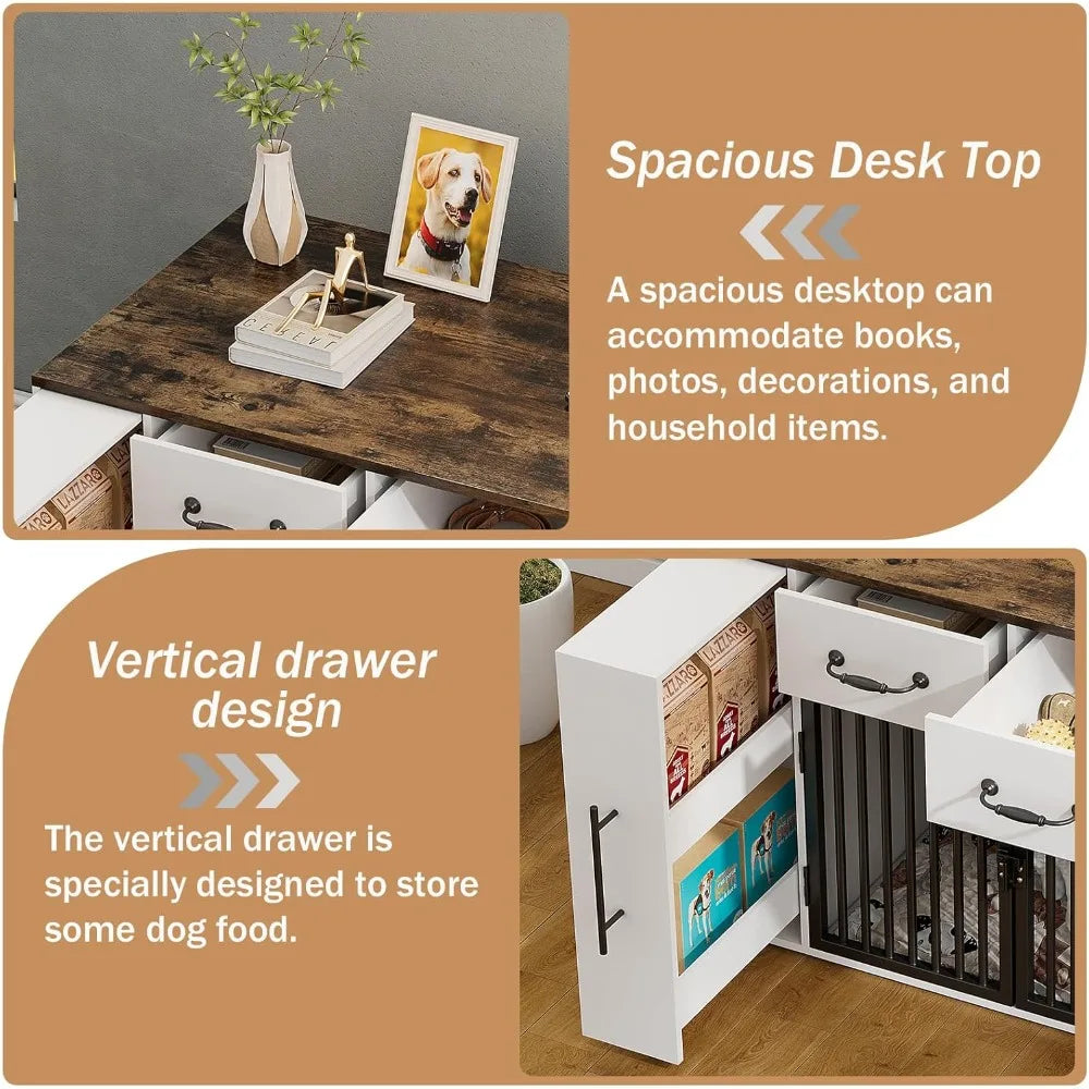 Dog Crate Furniture- 31.5 Inch Wooden Indoor Heavy Duty Dog Kennel House with Doors & USB Charger- Farmhouse Modern End