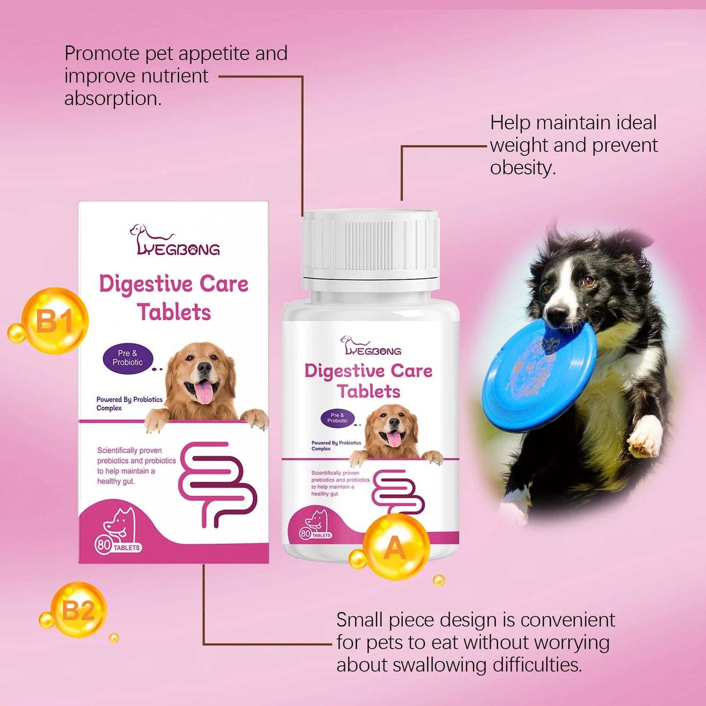 Dog Probiotic Tablets- Multivitamin Nutrition- Stomach Protection- Relieve Indigestion- Loss of Appetite -Pet Health Supports 80-Pet Supplements