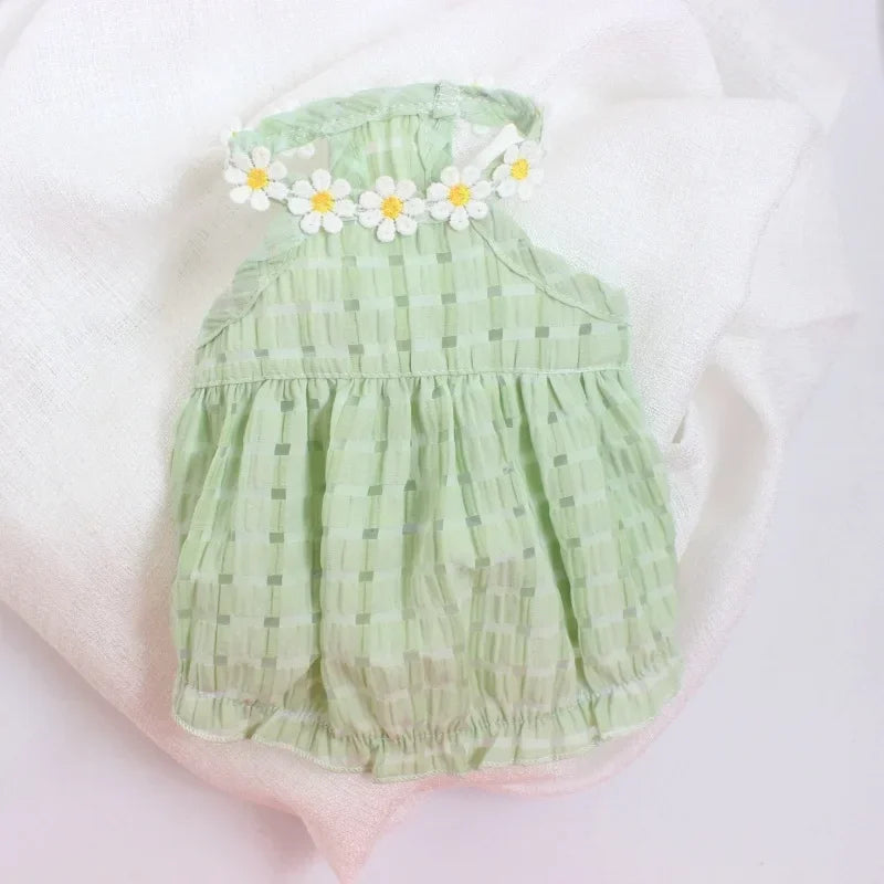 Breathable Pet Small Daisey Dress-thin Summer Dresses- Green/Yellow