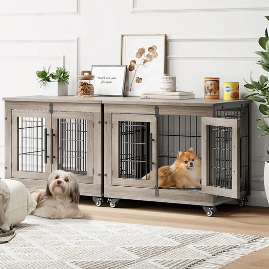 Dogs Crate Furniture with Cushion- Wooden Dogs Kennel Indoor with Double Doors-  Wheels-Dog House Side End Table