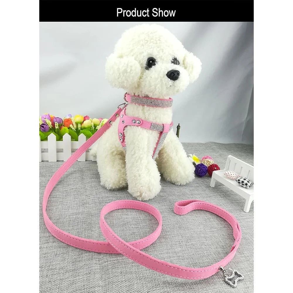 Comfortable Soft Dog Collar and Harness Set with Leash Stylish Diamond Design -Small Pets Training Outdoor Activity