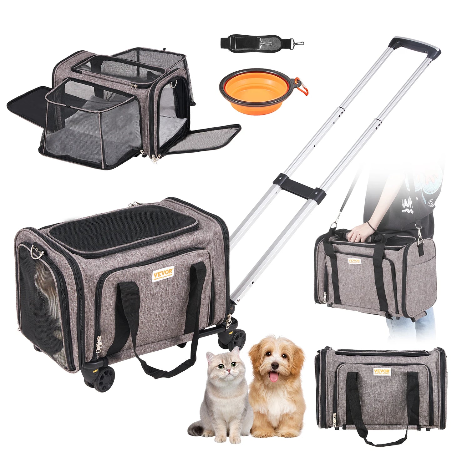 SucceBuy Pet Carrier -Breathable- Carry Backpack with Telescopic Handle Wheels and Shoulder Strap for Travel Trip-Pet Strollers