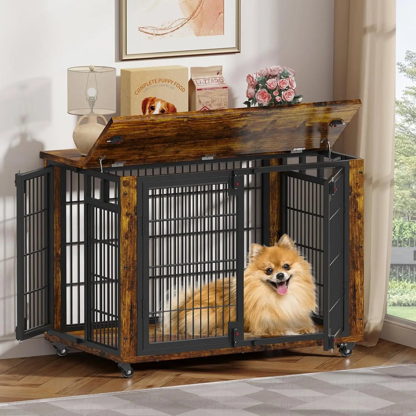 Wooden Dog Crate Furniture-Small and Medium Dog Kennel- Indoor Furniture with Top-Access-2 Doors