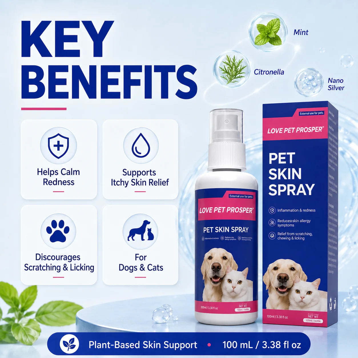 Skin Support Itch Spray to Comfort Dogs -100 mL Dog at Itch Relief Spray-Gentle Plant-Based Skin Support with Mint, Citronella/ Nano Silver for Redness, Scratching/ Licking-Pet Supplements