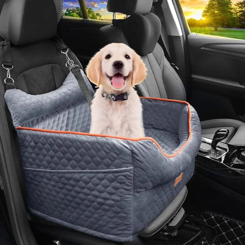 Dog Car Seat - Memory Foam Dog Booster Seat for Small Dogs- Up to 25lbs-Elevated Pet Car Seat with Storage Pockets -Grey
