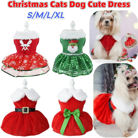 Christmas Dog Girls Winter Dresses- Comfortable Christmas Dog Dress -Soft Red & Green Skirt- Christmas Dress Up