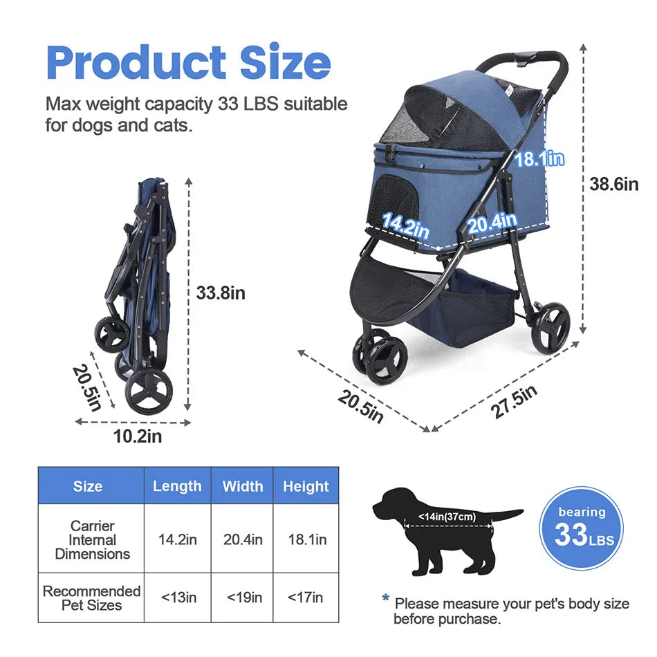 Pet Stroller- Travel Car- Foldable- Storage-3 Wheels 360 Rotation-Pet Strollers