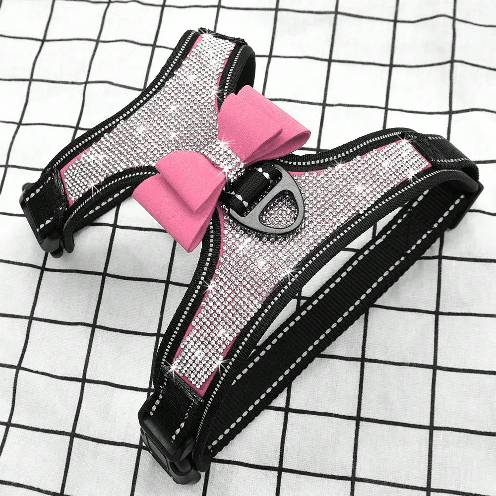 Bling Korean Style Plush Rhinestone Dog Harness- Reflective -Adjustable- Breathable-Sizes S M L-Collars/Leashes