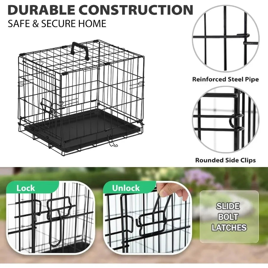Foldable Metal Dog Crate with Single Door and Secure Slide-Bolt Latches Leak-proof Tray- for Small Breeds -Portable Kennel