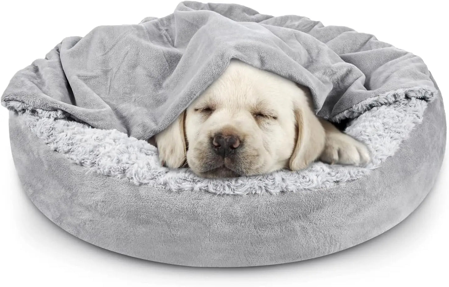 23-inch Cozy Dog Bed with Hooded Blanket- Anti-Anxiety Burrow Cave Bed for Small Dogs- Anti-Slip Bottom- Machine Washable-Beds & Blankets