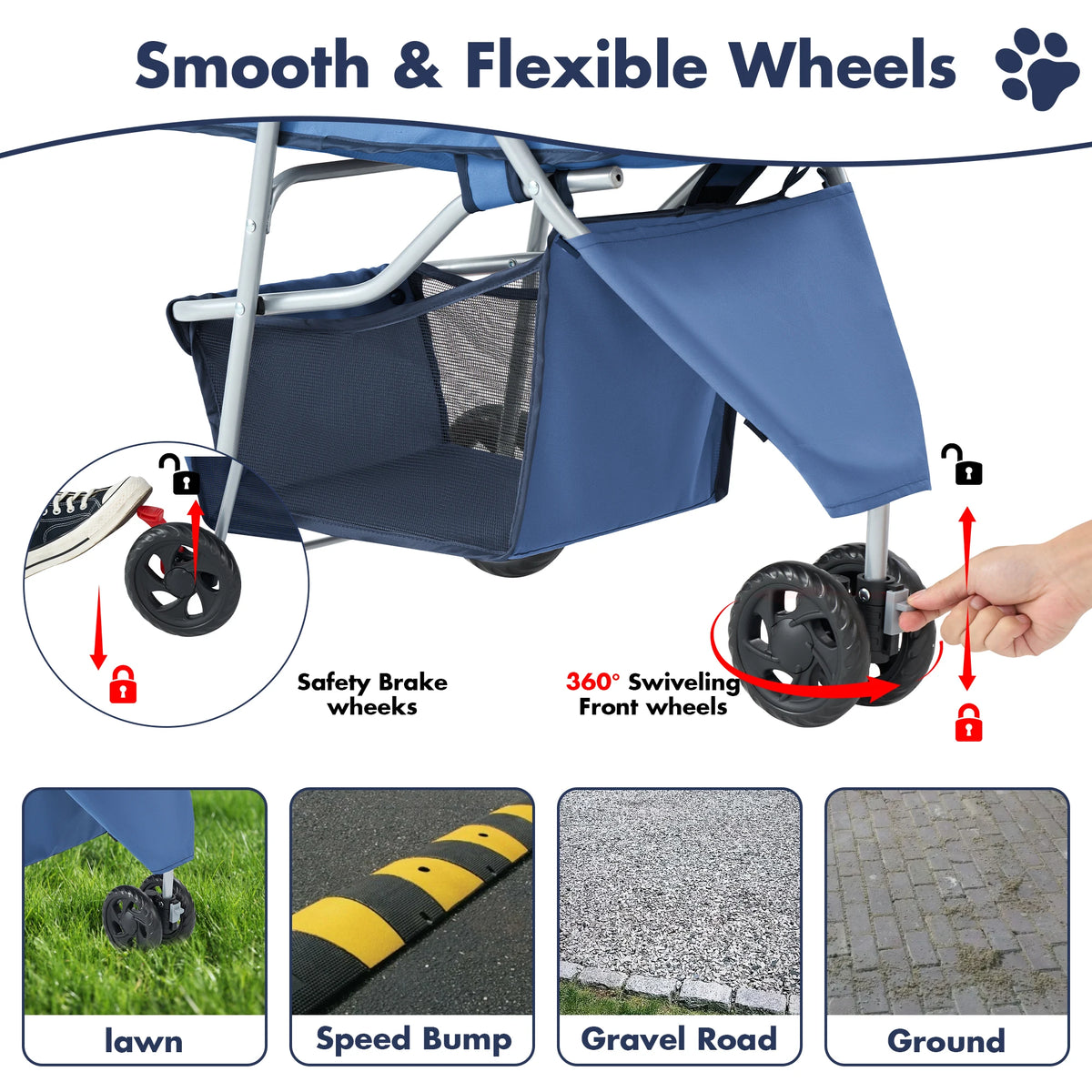 JHK 3 Wheels Foldable Pet Stroller-Mesh Windows- Storage Basket- Cup Holder-Pet Strollers