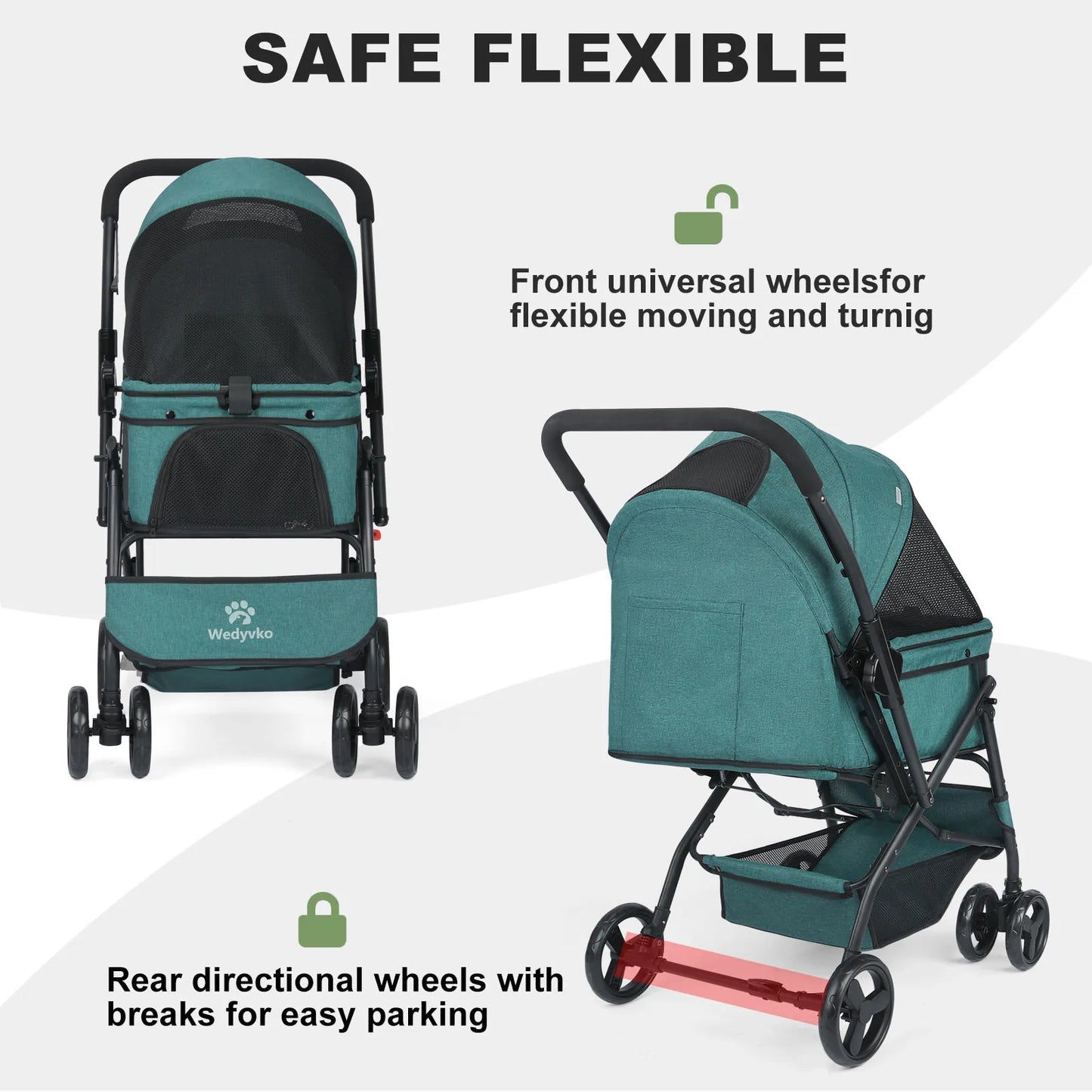 Dog Stroller- Pet Stroller for Medium Size Dogs with Poop Bags- Reversible Handlebar- Tethers- Storage Basket and Pouch-Pet Strollers