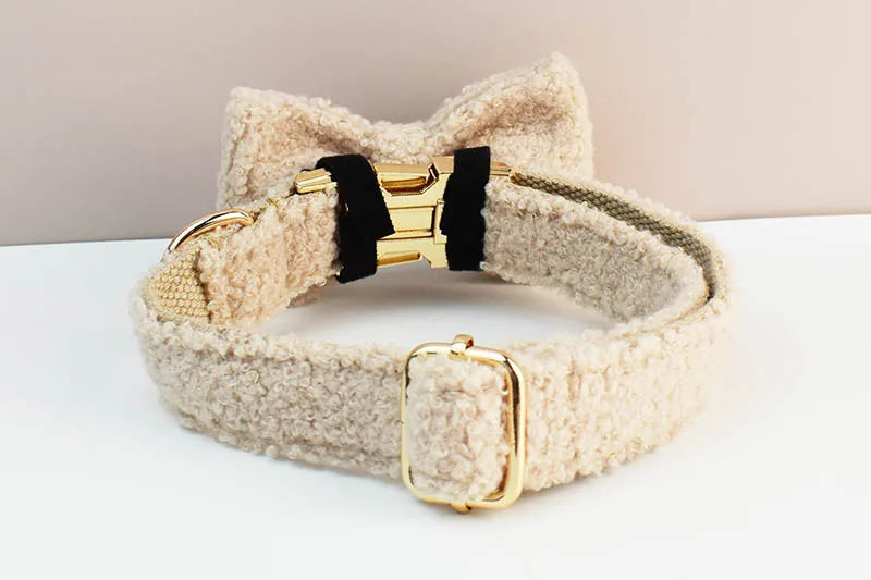 4 pcs Teddy Velvet Dog Collar/Leash Set- Custom Engraved Nameplate-Collars/Leashes