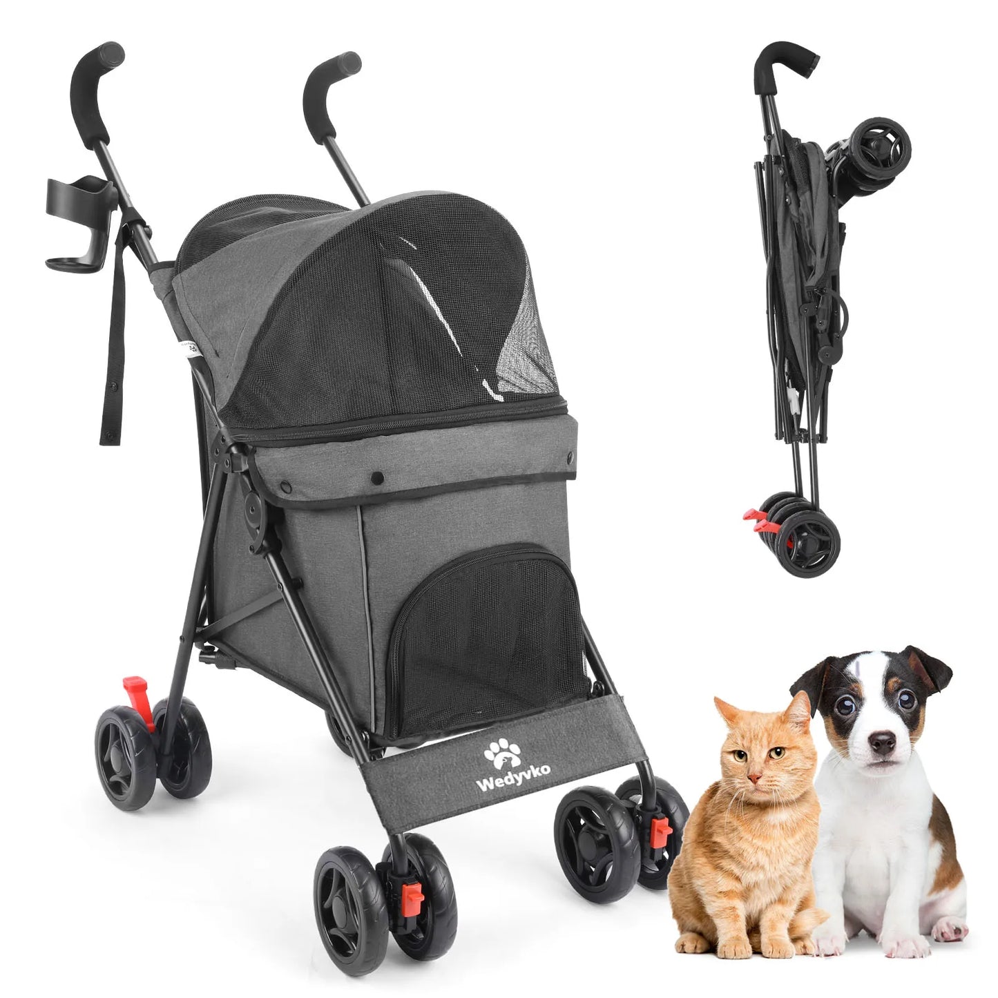 Wedyvko Pet Dog Stroller 4 Wheels Puppy Stroller Rotate with Brakes Storage for Dogs Cats Travel