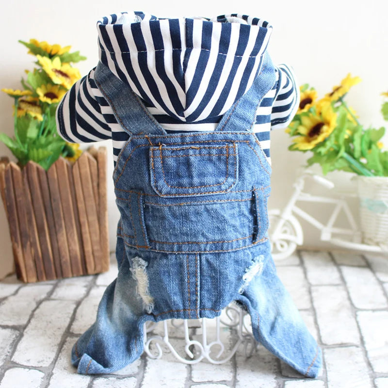 Pet Denim Jumpsuit- Dog Jeans Hoodies -Cool Blue Coat -Medium -Small Dogs Classic Jacket Blue Vintage- Washed -Vests