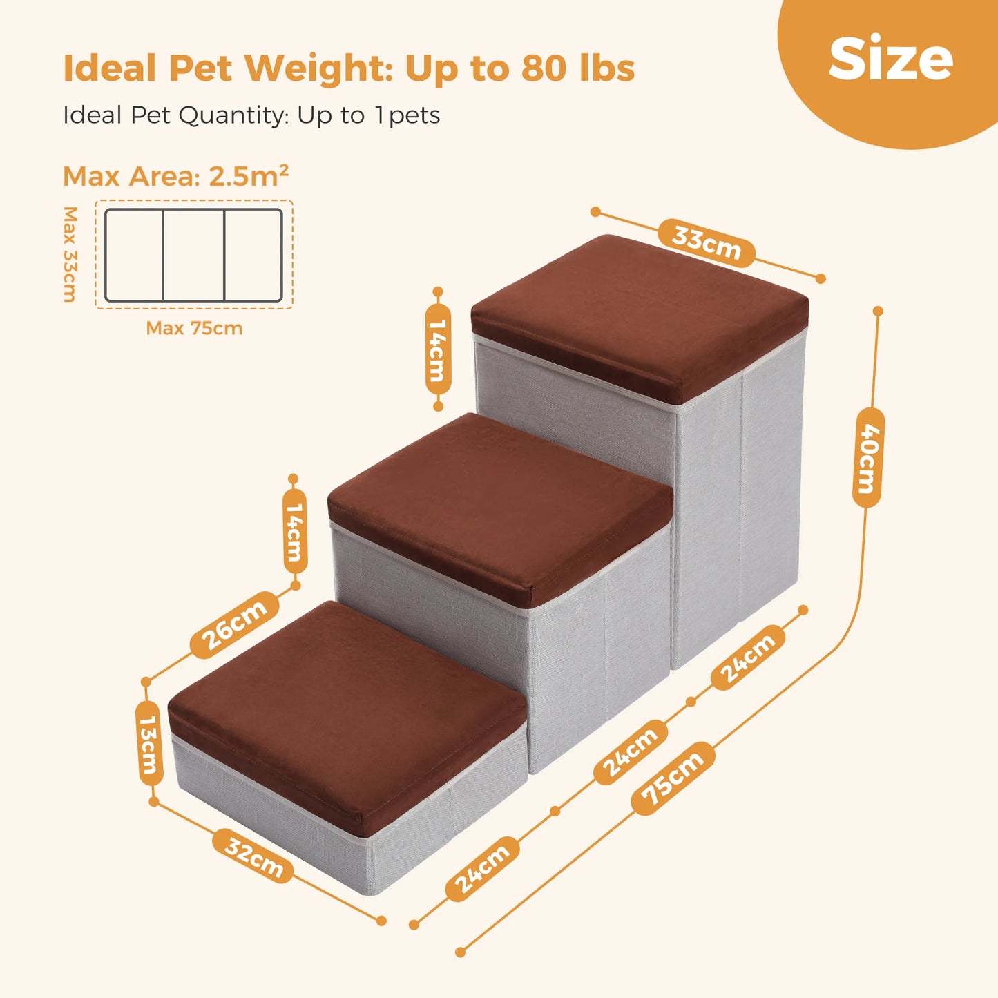 3-Tier Dog Stairs Foldable Pet Stair with Storage Box- Adjustable Height Dog Steps for Small Old Dog Cat Non-Slip Pet Ramp Indoor