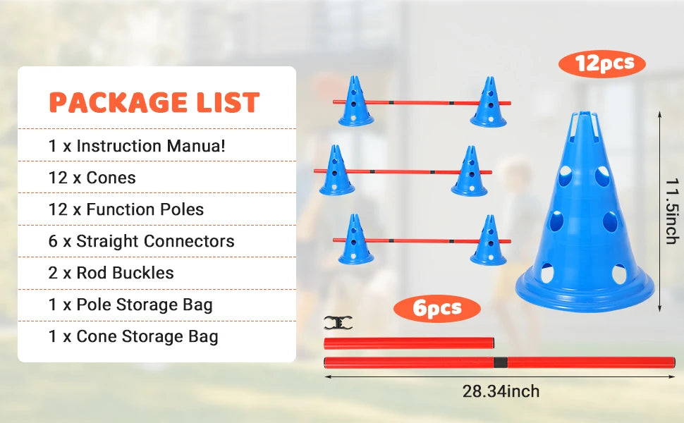 Dog Agility Hurdle Cone Set -Dog Agility Course Set with 12 Cones 6 Rods Dog Agile Training Equipment for Outdoor Backyard-Training