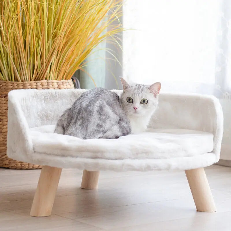 Luxury Soft Bed Plush Fabric Pet Nesting Chair Bed- Washable Couch- Wood Legs with Cushion Pad  for Small Pets-Size S/L-Beds& Blankets