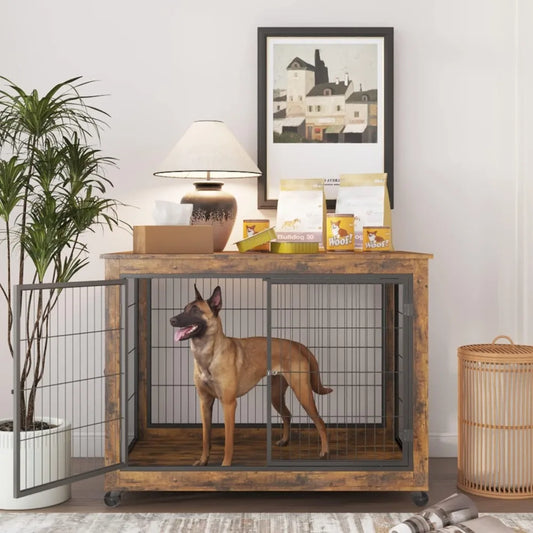 Dog Crate Furniture- Wooden Dog Crate Table- 43.7" Kennel with 3 Doors- Flip-up Top Opening -Wheels- Decorative Pet Crate House
