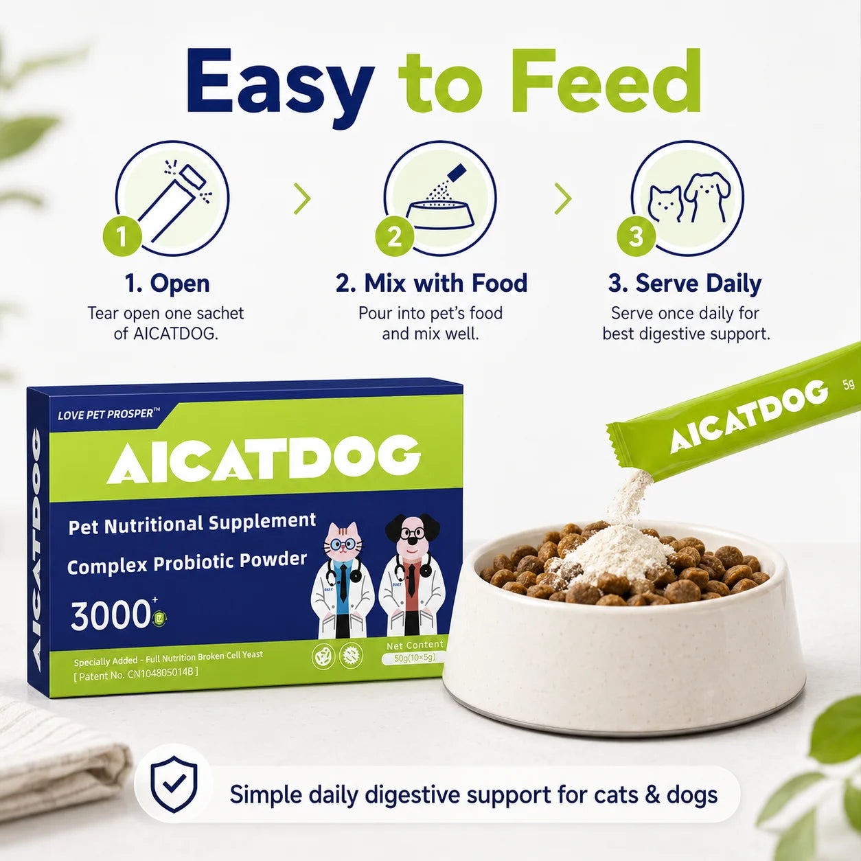 Probiotic Powder for Dogs & Cats- 3000+ Formula Digestive/ Gut Health Supplement- Daily Probiotics with Broken Cell Yeast- Stool/Immune- Support, 50g (10 x 5g)