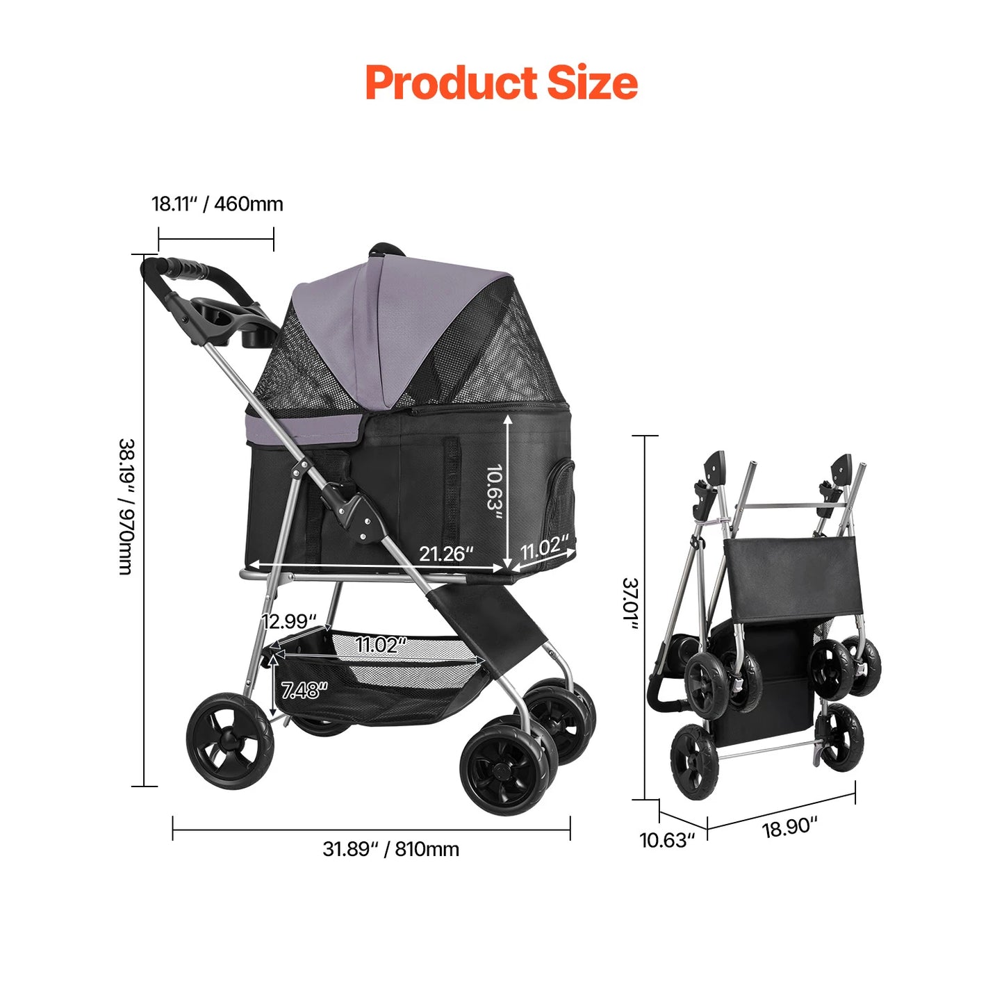SucceBuy Pet Stroller- 35 lbs Weight Capacity- Dog Stroller Cart- 4 Wheels Pram w/Detachable Mesh Carrier w/ Brakes-Pet Strollers